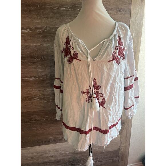 Velvet by Graham & Spencer Anthropologie Embroidered Striped Peasant Top Sz M - Picture 2 of 15